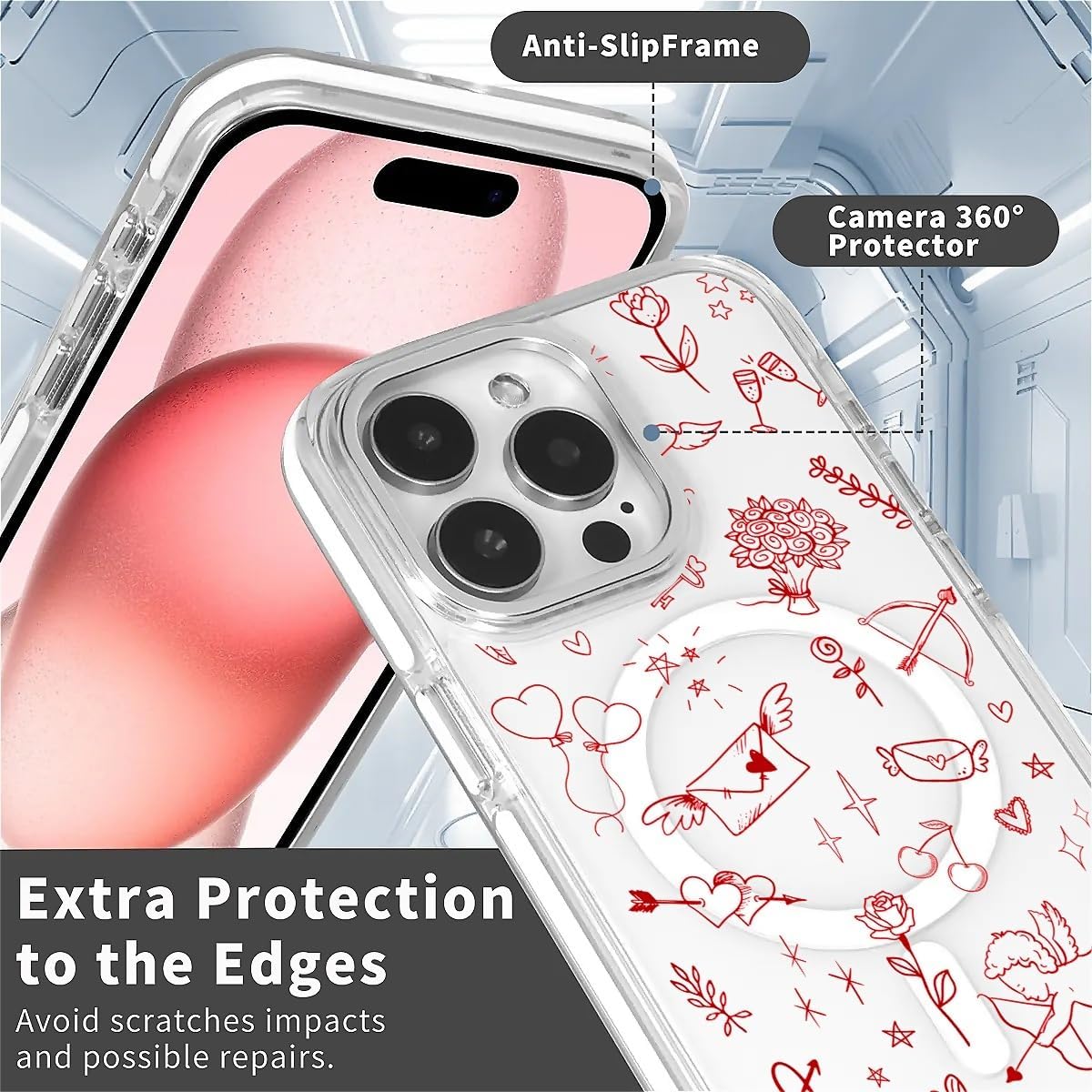 for iPhone 15 Pro Case [Compatible with Magsafe],Girls Women Clear Magnetic Case Silicone Shockproof Protective Cover with Pattern Love Angel Strawberry Bow - Image 2