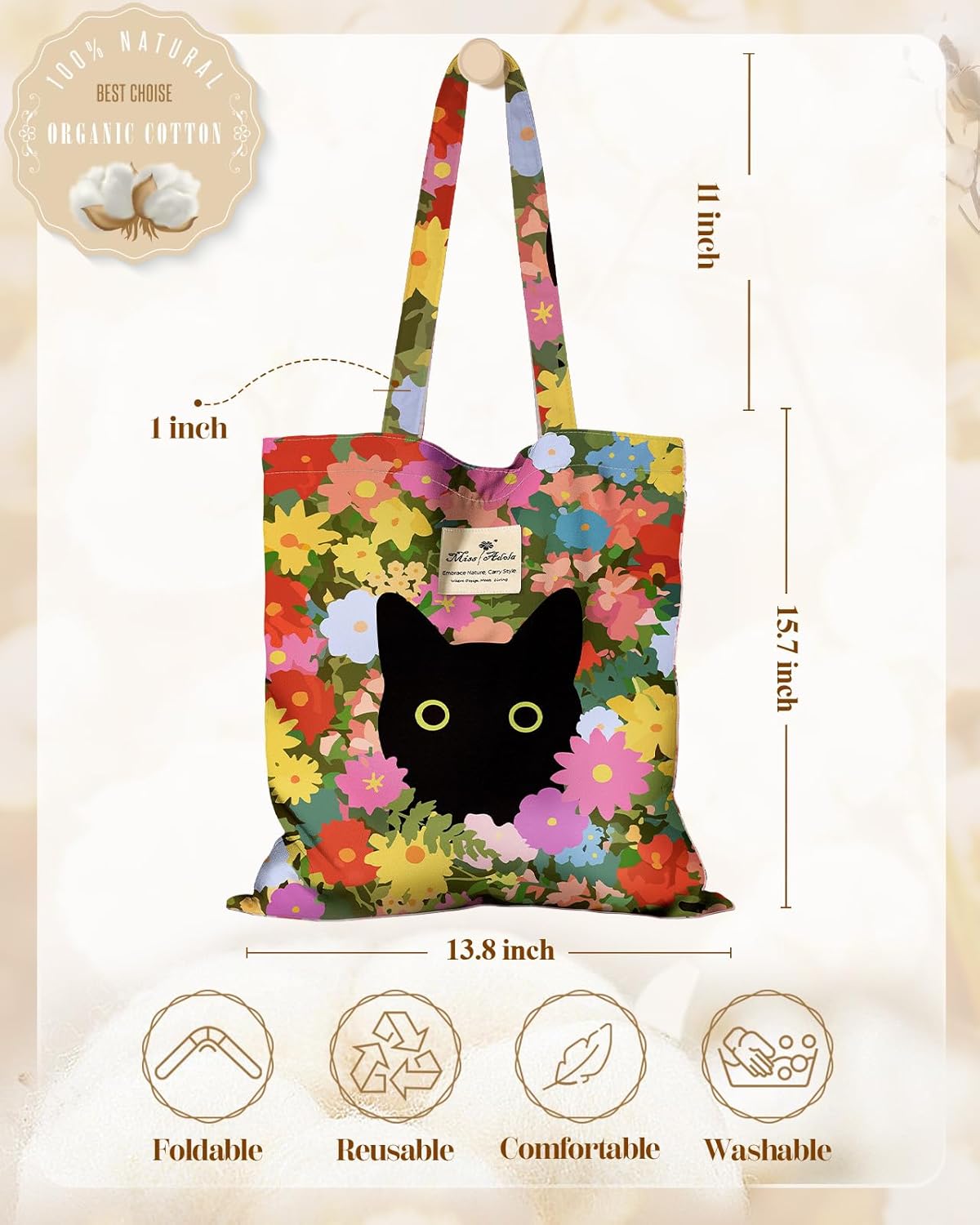 Cloth Tote Bag for Women - Reusable Tote with Pocket & Buckle Cute Retro Design Ladies Cotton Printed Shoulder Bag - Image 2