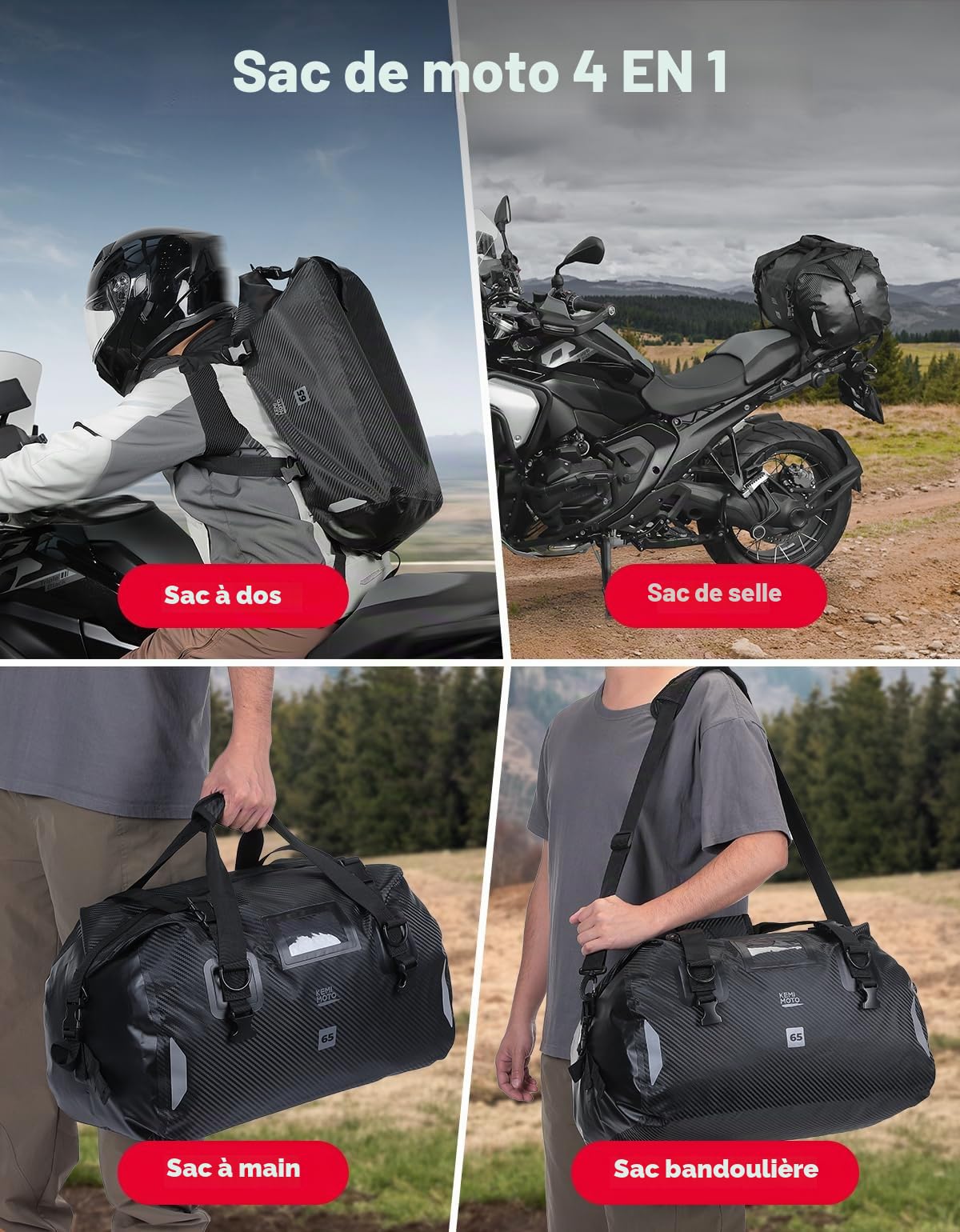 KEMIMOTO Sac Moto Étanche IPX6, 65L Sacoche Arrière Moto Grande Capacité avec Bandoulière Amovible, Sac de Voyage Réfléchissant avec 4 Sangles Rapides, Idéal pour Tourisme Camping Bateau, Noir
