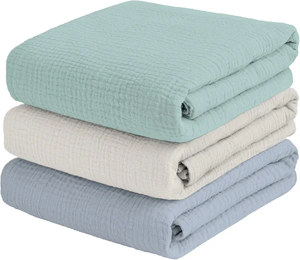 Muslin Swaddle Blankets for Newbron, Receivig Blankets for Boys, Large 47x47 Inch Soft Brethable Lightweight Cotton Blankets, 3 Pack, (Green, Cream White, Blue)