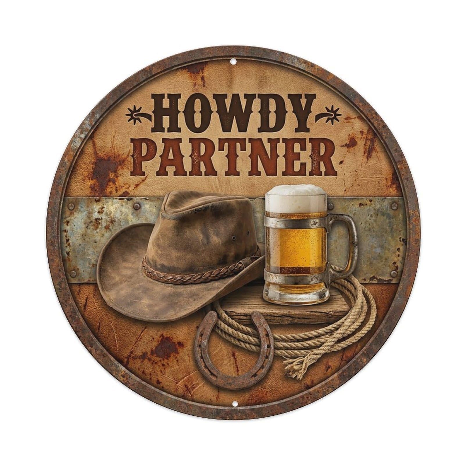 Vintage Beer Western Cowboy Howdy Partner Retro Bar for Pub Vintage Metal Tin Sign Plaque Wall Decor for Cafe, Club Bar, Office, Garden Metal Poster 8x8Inch