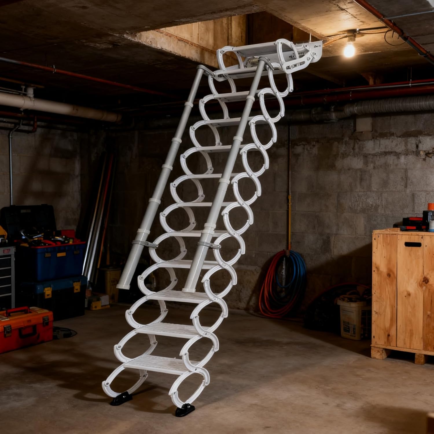 12 Stpes Wall-Mounted Folding Stairs, Telescopic Attic Ladder, Pull Down System Folding with Handrail, Applicable Height is 9.6-10ft, Extendable Ladder for Home Garage Attic (White, 9.6-10ft)