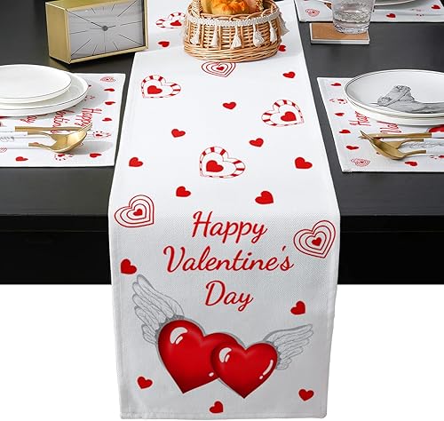 Miniatura 2 de Mantel individual rojo de San Valentín con camino de mesa a juego juego de mesa de arpillera de algodón y lino 6 alfombrillas de lugar  camino de 13