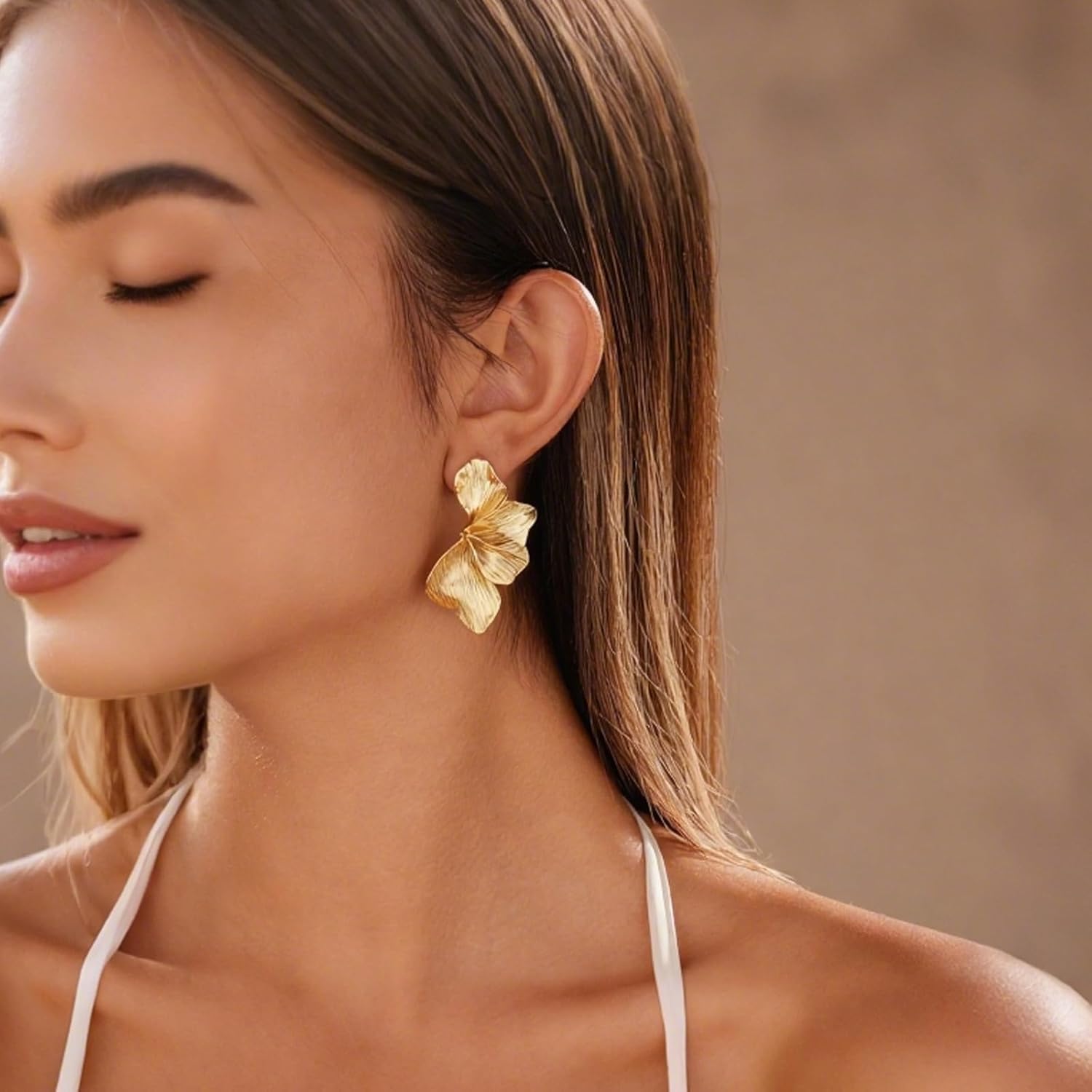 Statement Flower Studs Earrings for Women Gold Plated Flower Drop Earring Textured Chunky Floral Boho Jewelry - Image 2