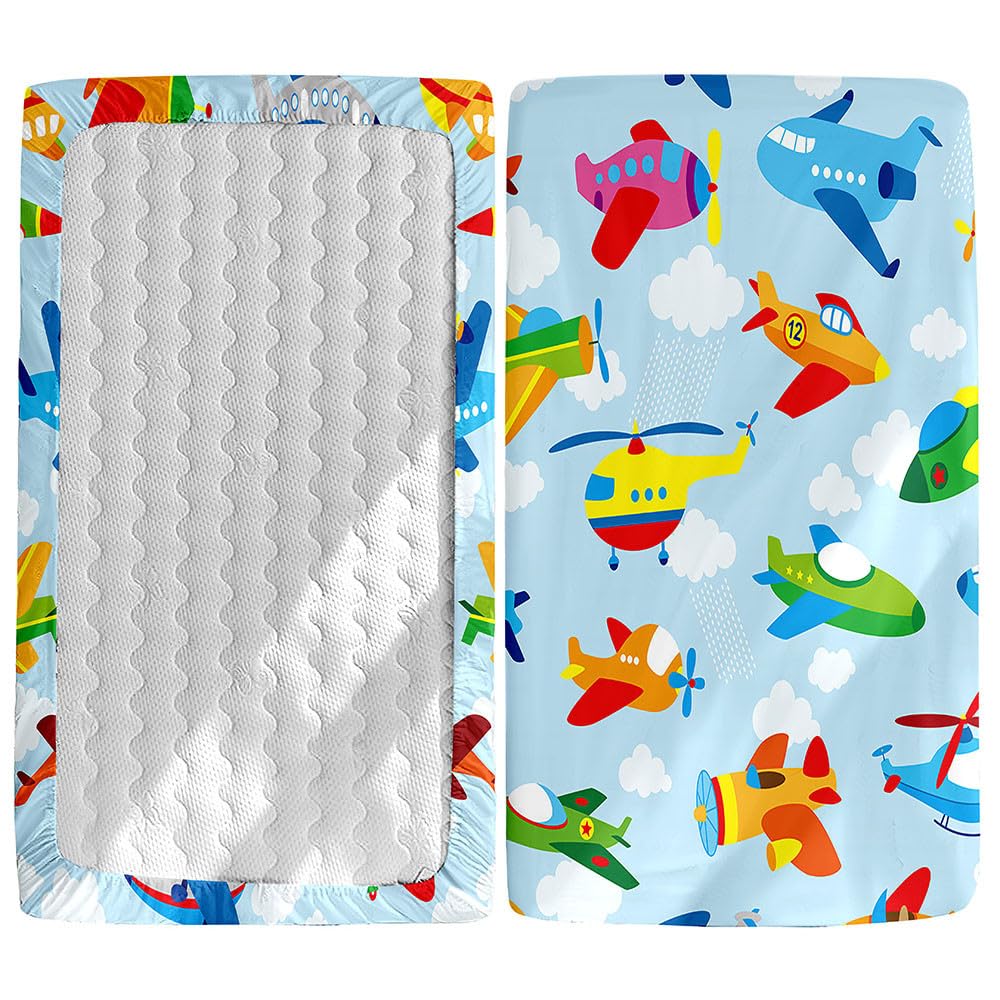 Odot Cot Bed Fitted Sheets, Toddler Baby Travel Cot Sheets, Cartoon Print Microfiber Mattress Protector Cozy Breathable Bedding for Bedside, Cradle,Cribs, Bassinet (Blue Plane,75x30cm)