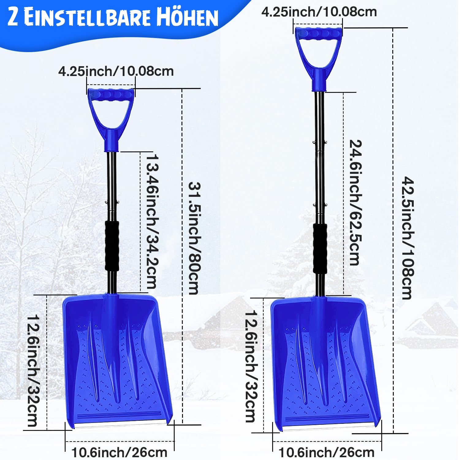 Pelle à neige au design ergonomique - Design 4 en 1 amovible - Peut être formée en deux longueurs différentes - Convient pour la neige, le jardin et le camping