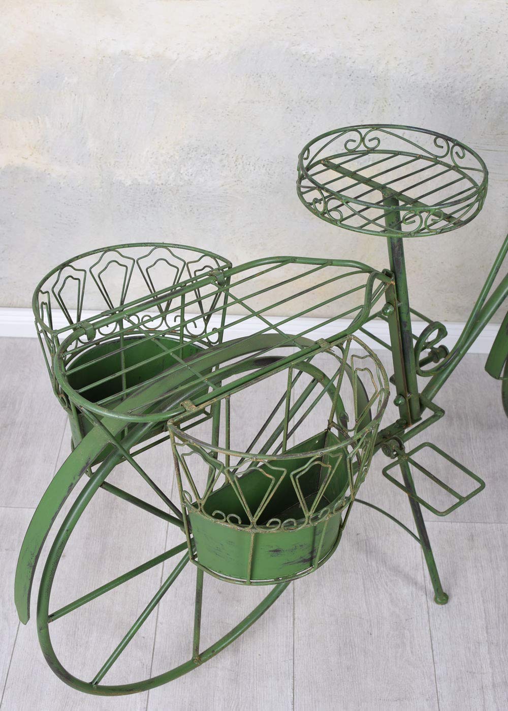 PFLANZFAHRRAD „LE JARDIN DE PROVENCE“ – Deko Fahrrad aus Eisen im Vintage Stil mit 4 Pflanzkörben Grün Garten Deko Metallrad zum Bepflanzen Terrasse Balkon Höhe 86 cm Länge 140 cm Tiefe 43 cm