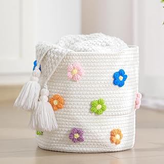 Floral Cotton Rope Plant Basket Woven Plant Coiled Basket for 10" Planter Round Indoor Flower Pot Cover Rustic Closet Storage Bin Organizer Home Decor