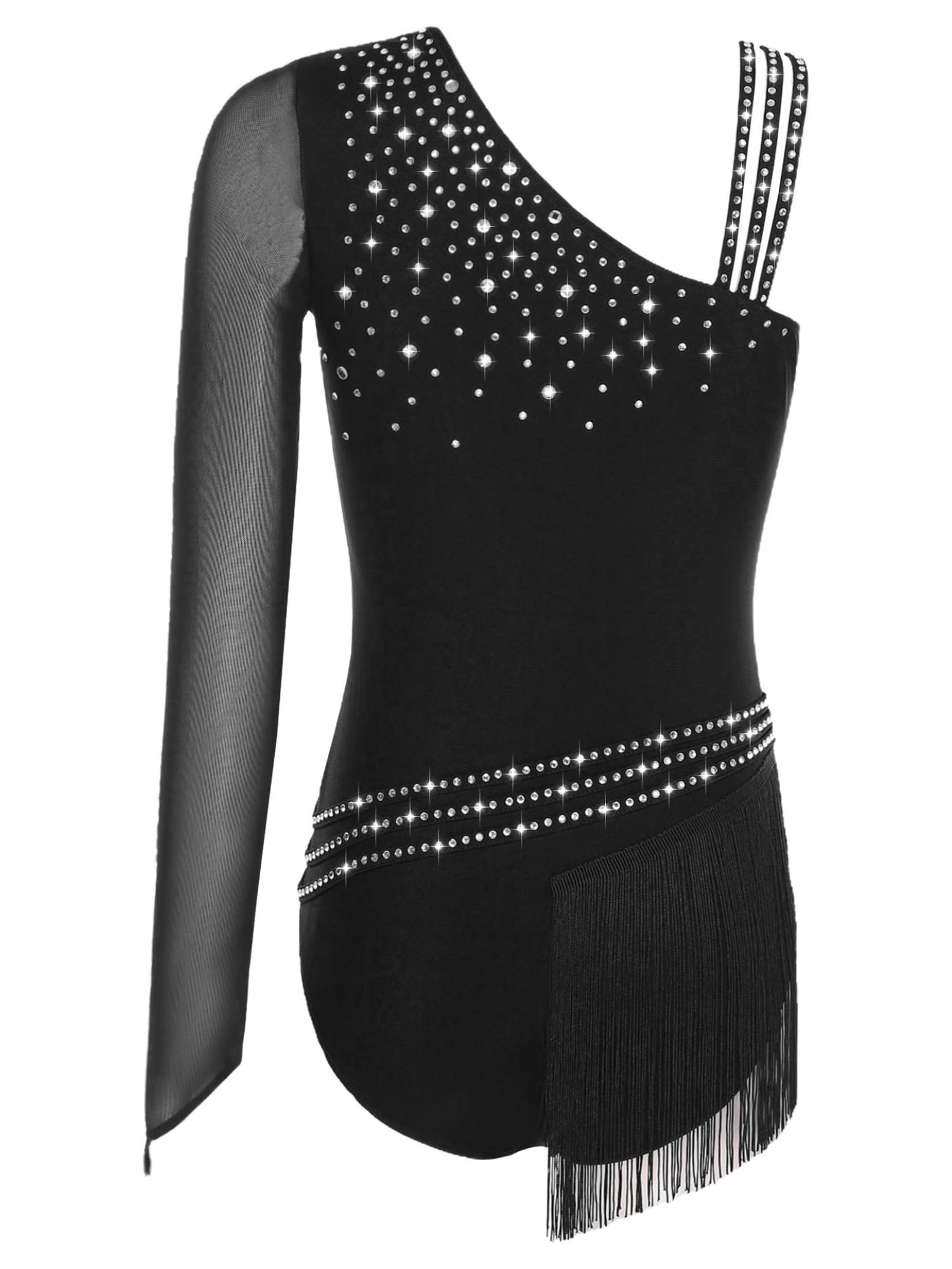 Hedmy Leotardo de Danza Gimnástica para Mujer Body Brillante de Manga Larga Maillot con Flecos de Baile Latino Tango Cha-Cha S-xxl