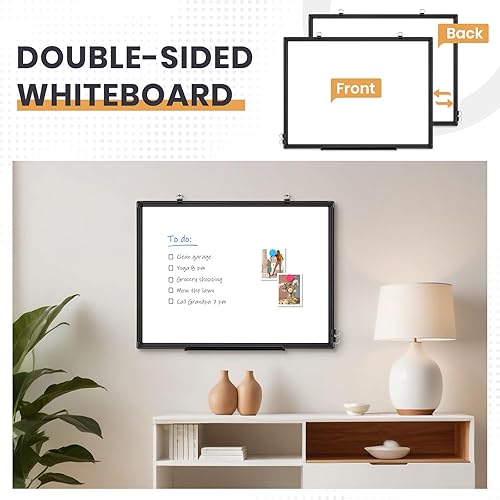 Miniatura 2 de Pizarrón magnético doble cara de 36"x24", pizarra blanca de borrado en seco para pared con marco de aluminio negro, tablero de presentación para