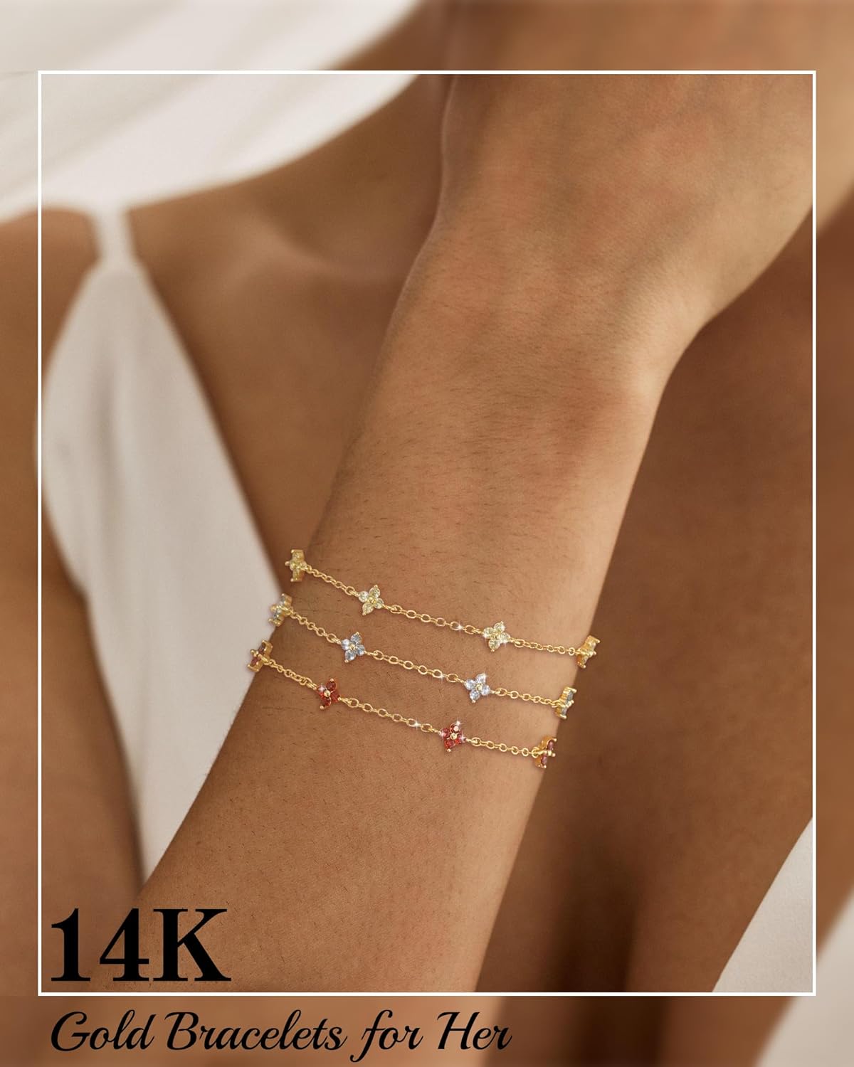 JSJOY Birthstone Bracelets for Women, 14K Gold Bracelets for Women Mom Gifts Birthday Valentines Day Gifts for Gf Dainty Flower Gift for Her Birthstone Bracelet Mothers Day Gift - Image 4