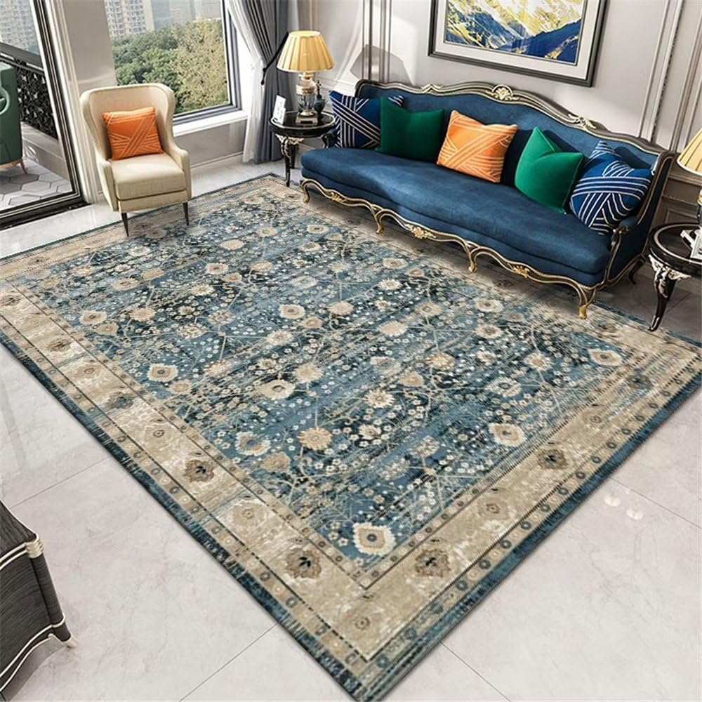 Tapis de couloir classique bleu 200x300cm résistant à la saleté pour salon