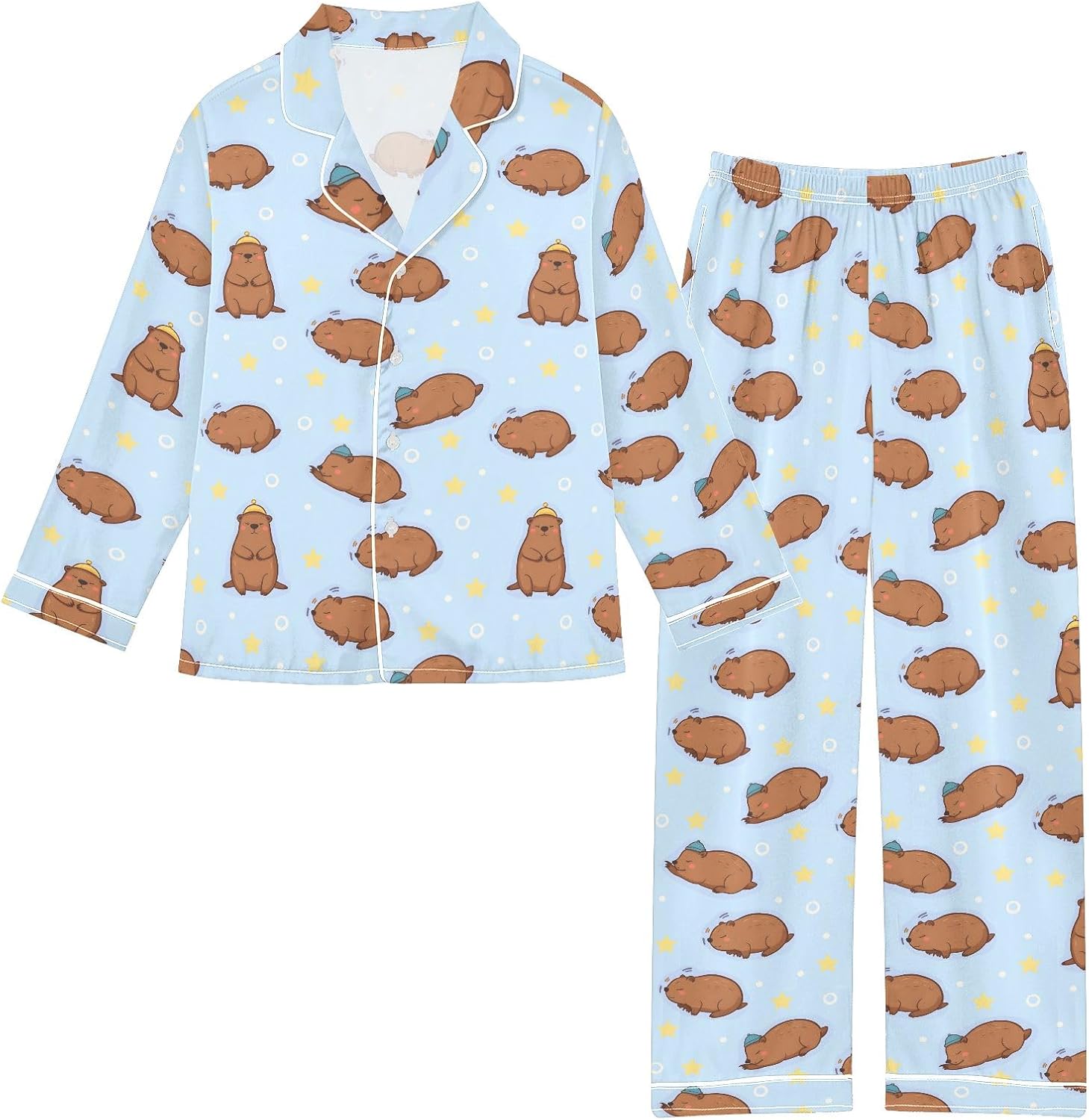Kids Casual Satin Wear Set Brown Groundhog Pattern Unisex Relaxed Fit Clothing
