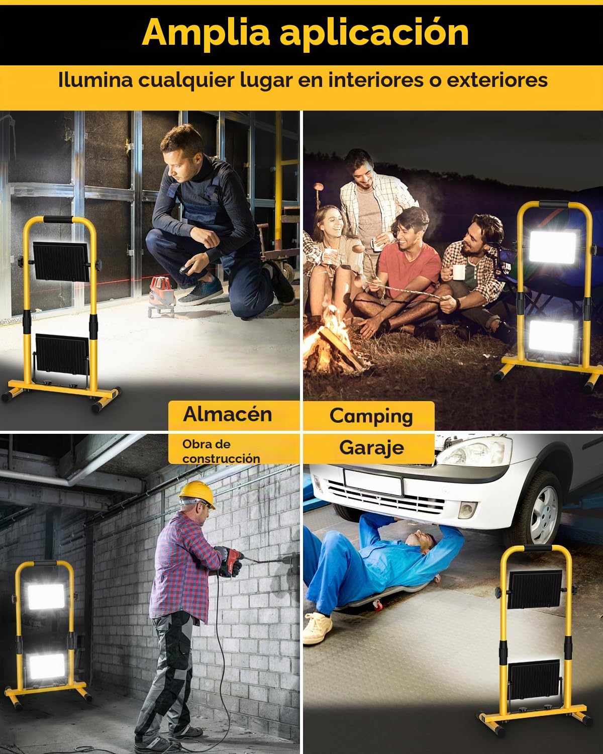Foco de Trabajo LED 200W, 20000LM Foco de Luz Portatil con Soporte Telescópico, Foco Obra IP66 Impermeable con Cable de 9,8 Pies y Interruptor para Talleres, Garajes, Obras, 6500K Luz Blanca