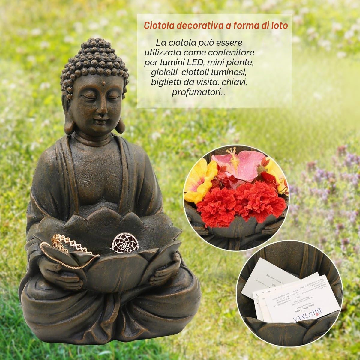 Yeomoo Statuetta di Buddha da meditazione, decorazione da giardino per esterni, Zen Buddha, decorazione da giardino, soggiorno, balcone, grande figura con ciottoli di loto e pietra di vetro, regalo