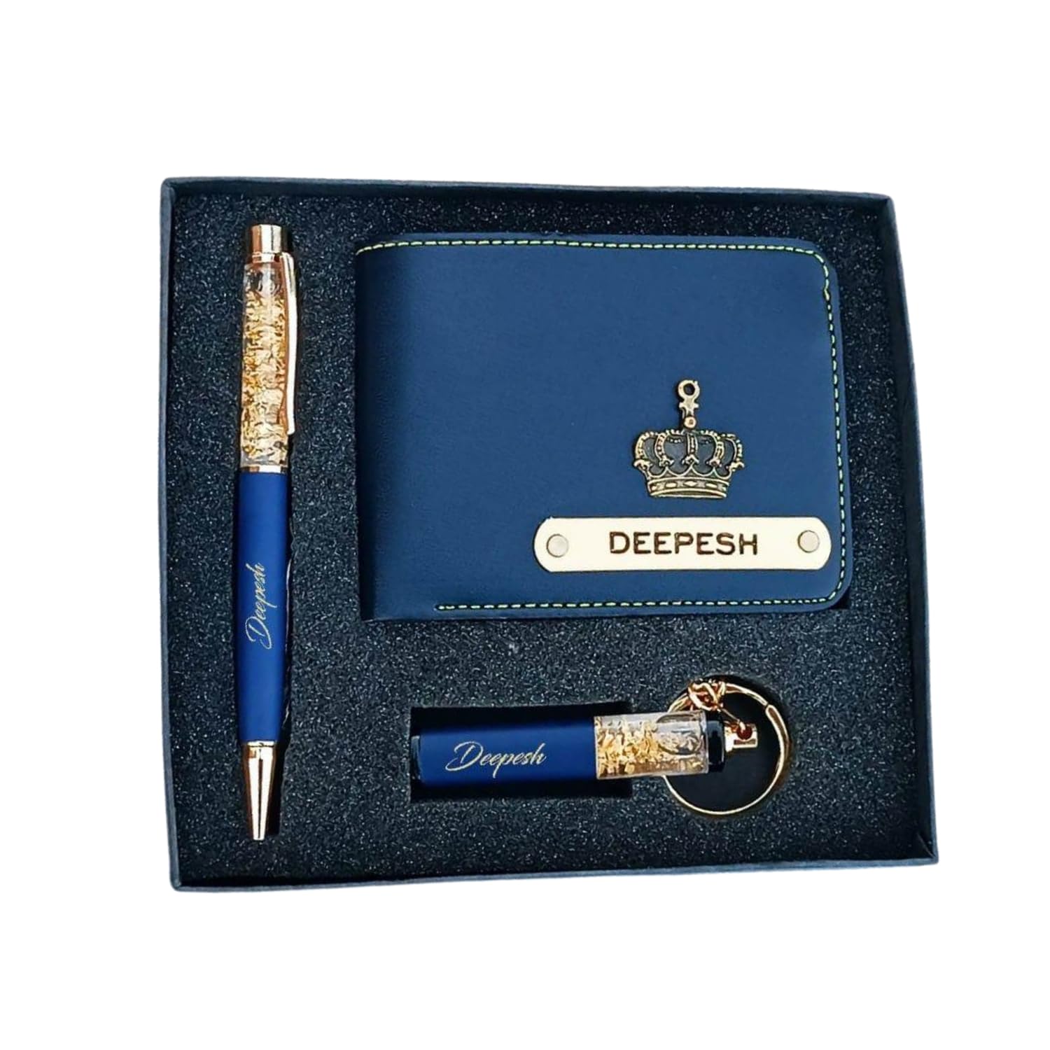 teak wood Customized Leather Wallet Pen Keychain Gift Set for Men with Name, Personalized Brown Purse Combo, Stylish Gift for Husband, Boyfriend - Mens Wallets, Wallets for Man, Men Wallet (Blue)-picture-20