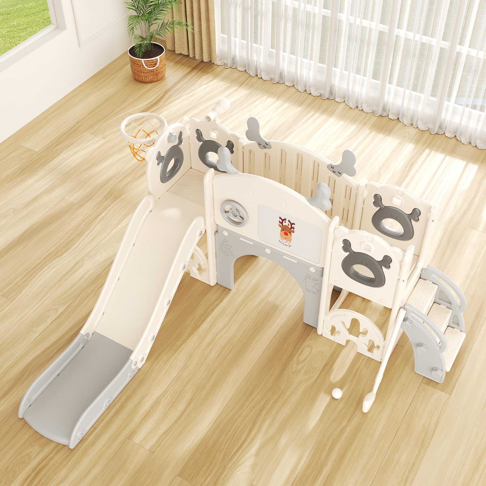 Kinderrutsche mit Basketballring, Elch-Themenrutsche für Kinder, Spielplatz für drinnen und draußen, unabhängiges Kletterspielset mit Rutsche für Babys (Beige Grau-7-in-1)