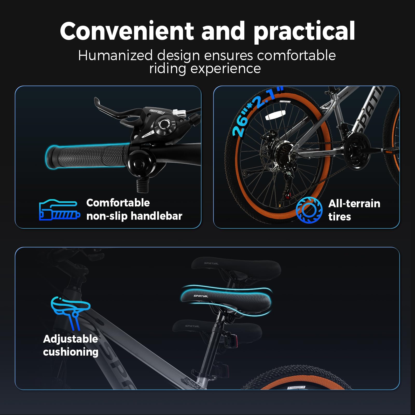 SPATIAL MTB Bicicleta de Montaña para Adultos y Jóvenes - 29/27,5/26/24 Pulgadas, 8/21 Velocidades, Frenos de Disco Mecánicos Dobles, Cuadro de Aluminio, Suspensión Delantera, Asiento Ajustable