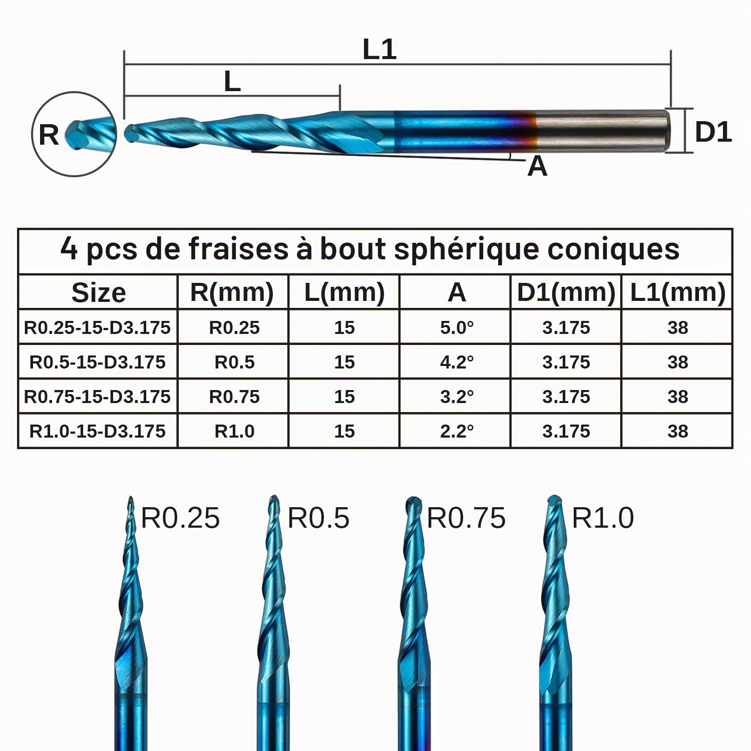 Genmitsu TB04A Lot de 4 fraises coniques à 2 cannelures en carbure de tungstène avec revêtement nano Bleu R0.25-1.0 avec tige de 3,17 mm