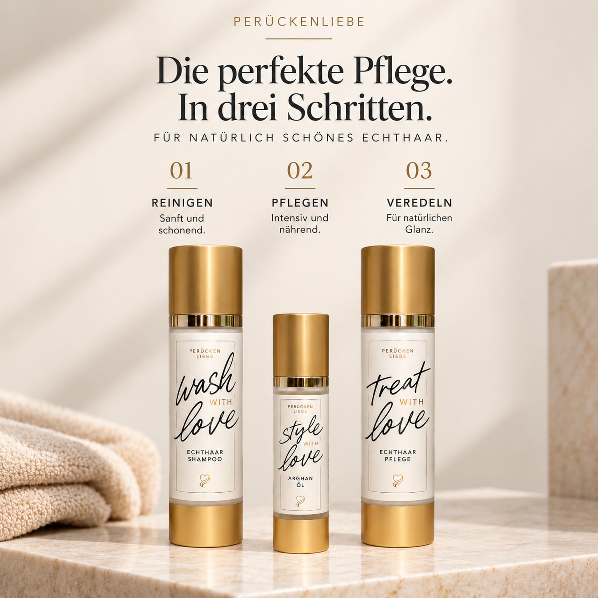 Perücken Pflegeset Echthaar – Premium Zweithaar Pflege für Echthaarperücken, Toupets, Haarteile, Topper & Haartopper – Shampoo, Kur, Balsam & Arganöl, 200 + 200 + 50 ml