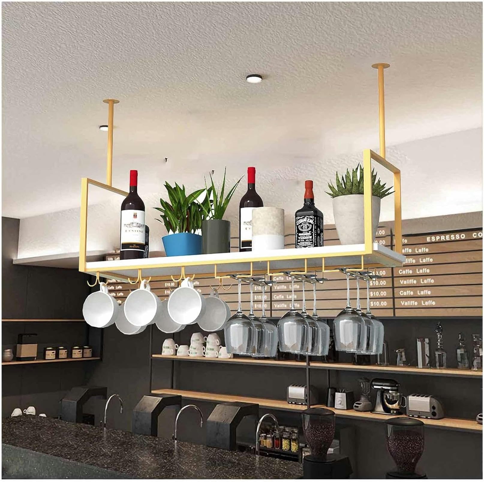 Étagère de plafond pour bouteilles et verres à vin en métal noir de style industriel