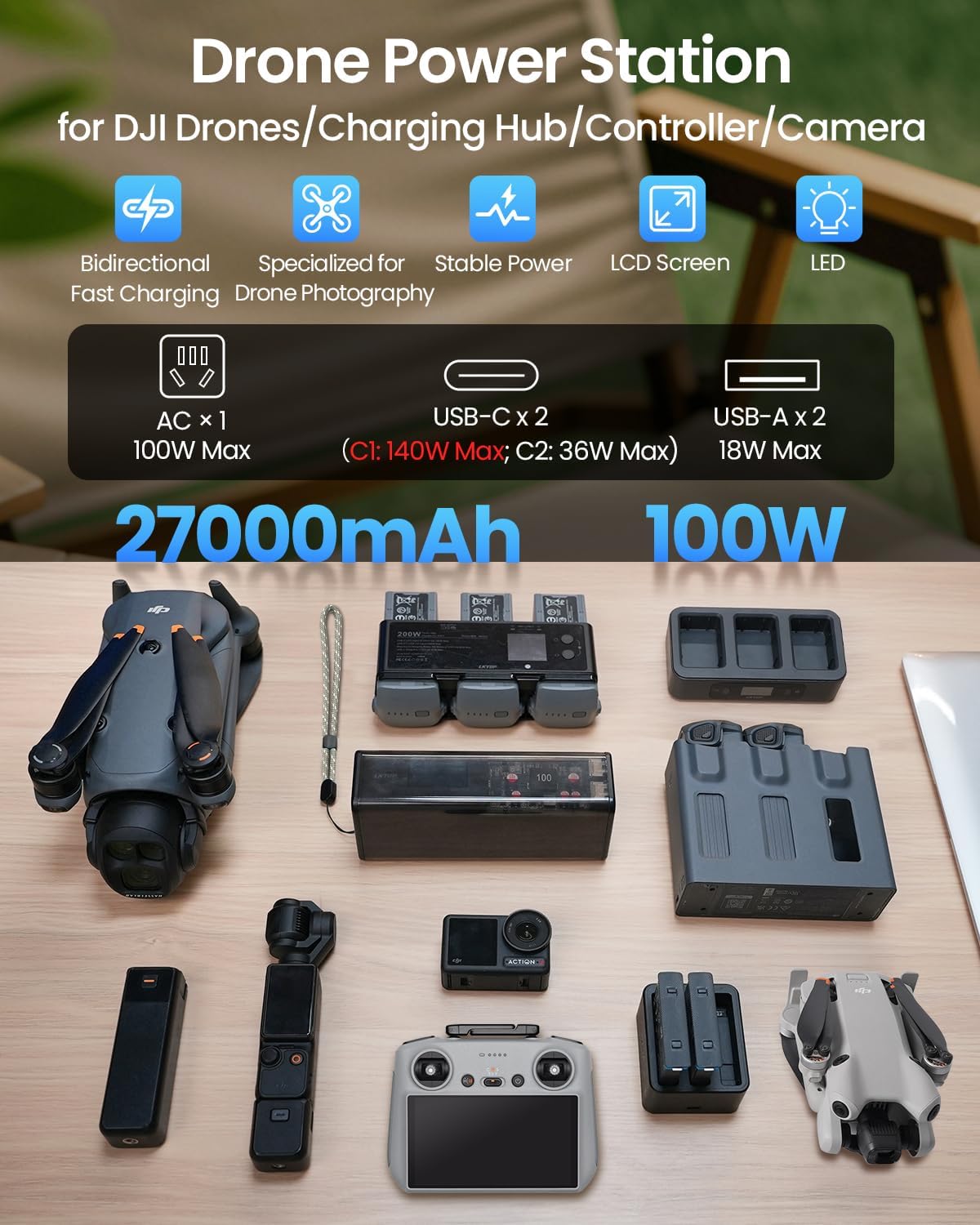 LKTOP Drone Portable Charger 100WH Power Station for DJI Drones/Charging Hub/Controller/Camera Accessories, 27000mAh 5-Port USB-C/A AC Outlet Power Packs for Outdoor Camping, LCD Screen, Airplane Safe