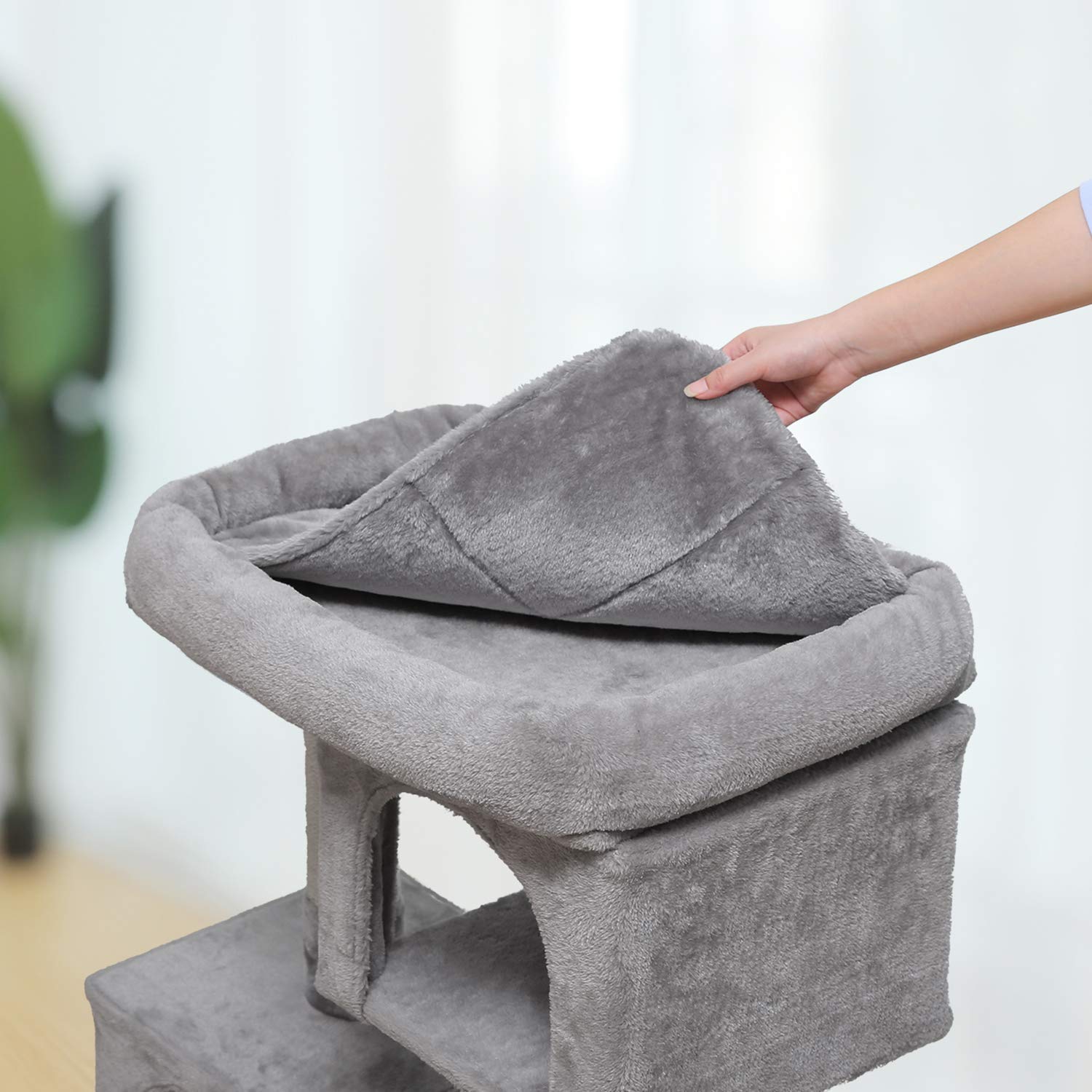 Feandrea Árbol para Gatos, Torre de Juegos 84 cm, L, Casa para Gatos de hasta 7 kg, Plataforma Grande, 2 Cuevas, Rascador, Gris Claro PCT61W