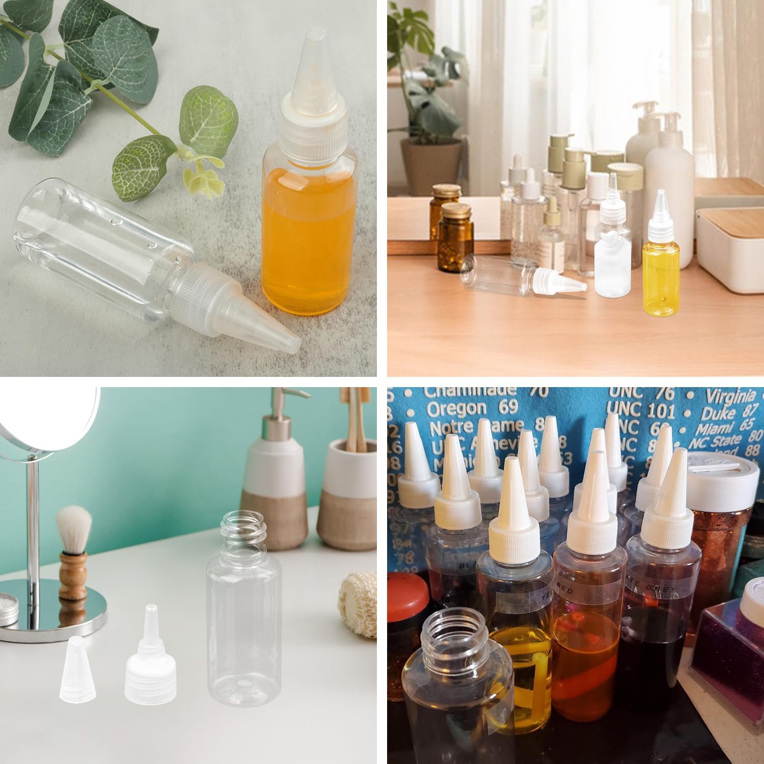 150 Pcs 1 oz Plastic Bottle Pointed Mouth Top Cap, Mini Clear Plastic Squeeze Bottles for Travel, Crafts, Art Supplies, Hair Salon, Paint Art, Liquids, Glue.