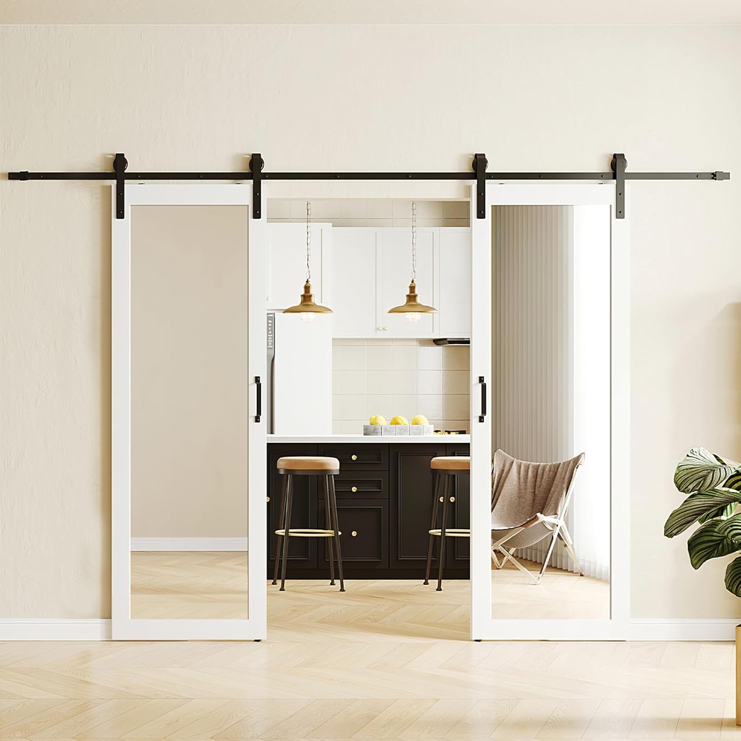 Mirrored Barn Door 60in（30inx2） x 84in, 1 Lites Mirror Panel with 2x6FT Sliding Hardware Kit Set, Pre-drilled Finished Double Door Slab, Decorative Full Length Mirror Insert, MDF, White