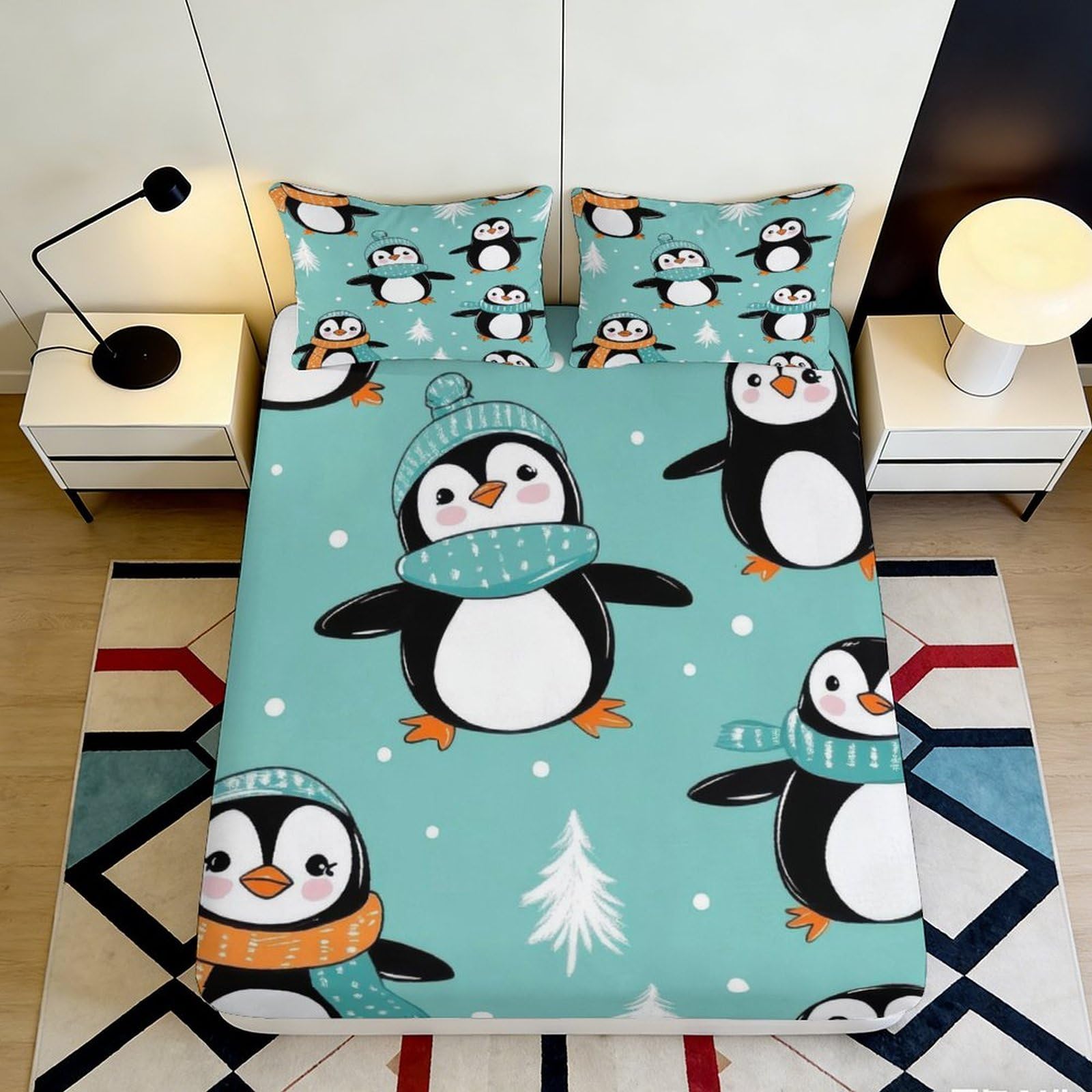 3D Printed Penguin Pattern Fitted Sheet Microfiber Soft Breathable Cartoon Animal Bed Cover for Bedroom Dormitory Guest Room Mattress Protection 120x200x25cm