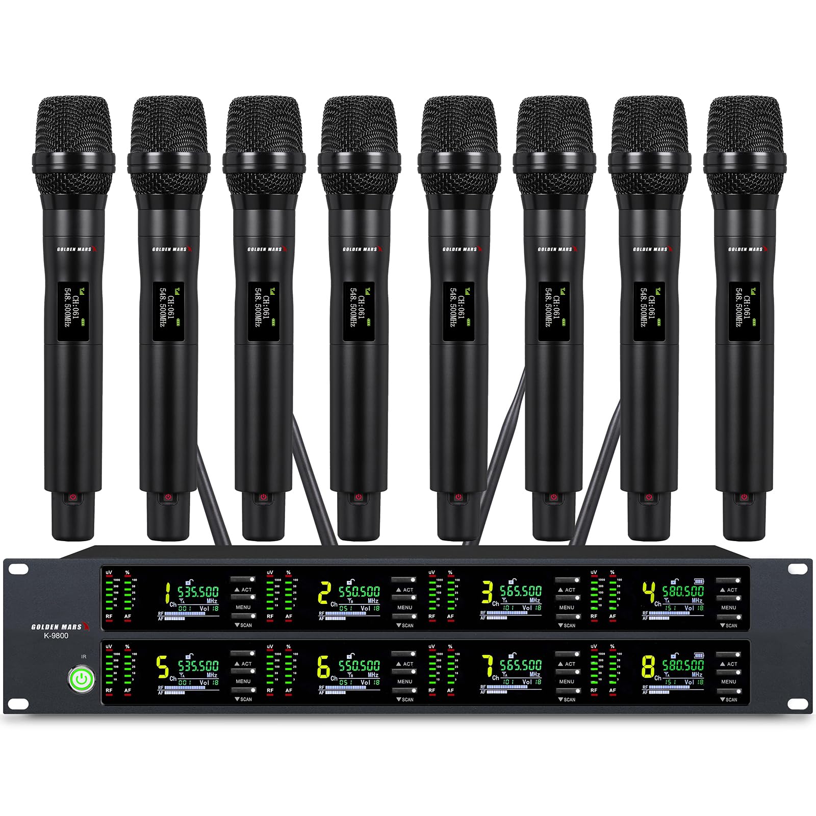 Bezprzewodowy system mikrofonowy, 8-kanałowy mikrofon bezprzewodowy, z 8 ręcznymi mikrofonami dynamicznymi, automatyczne skanowanie, częstotliwość UHF 8 x 40, zasięg 100 m, mikrofon do