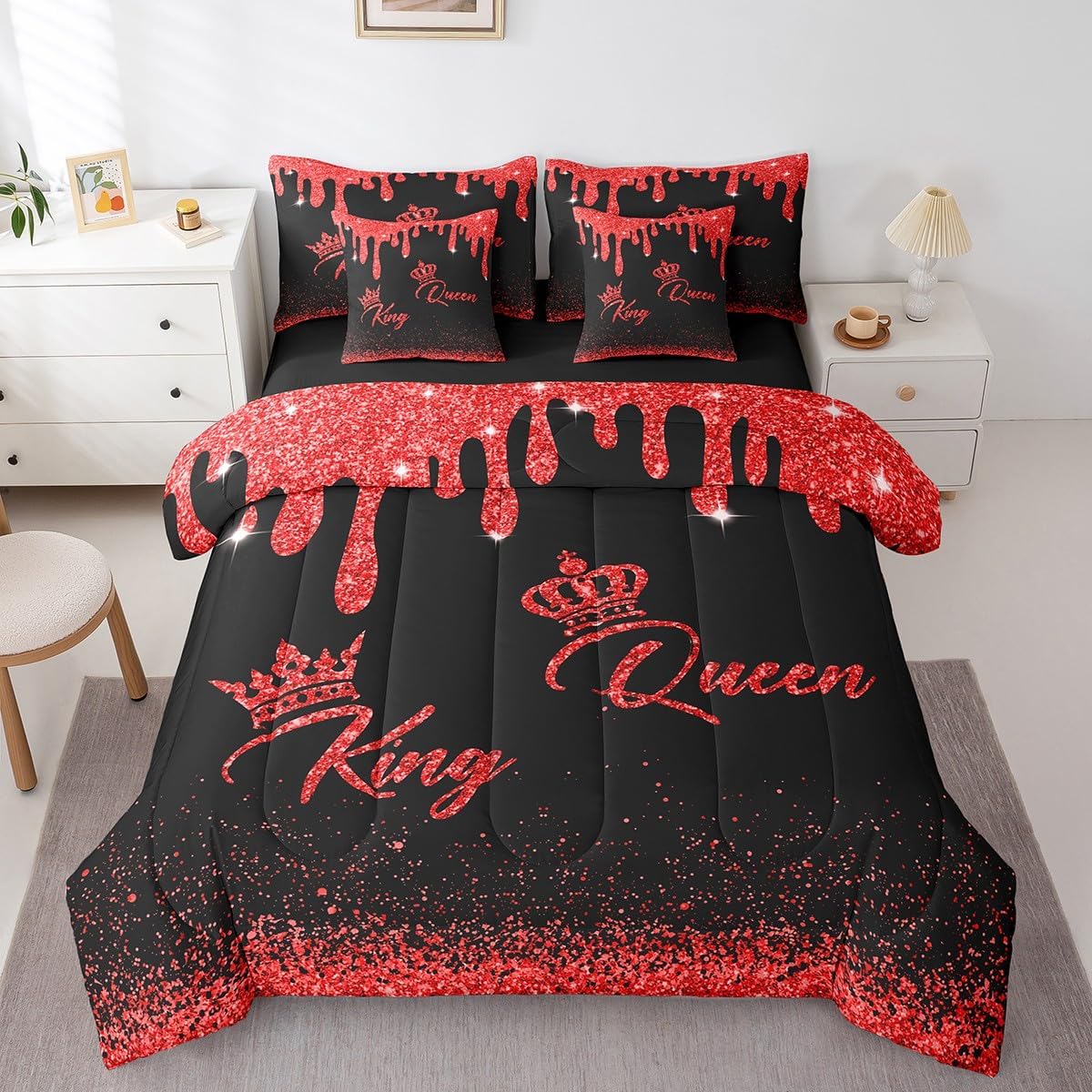Gold Crown King & Queen Bedding Sets King,Mr Mrs His and Hers Comforter Sets,Red Sequin Fluid Art Bed Sets 7 Pcs with 1 Comforter,2 Pillowcases,2 Pillow Covers,1 Flat Sheet,1 Fitted Sheet