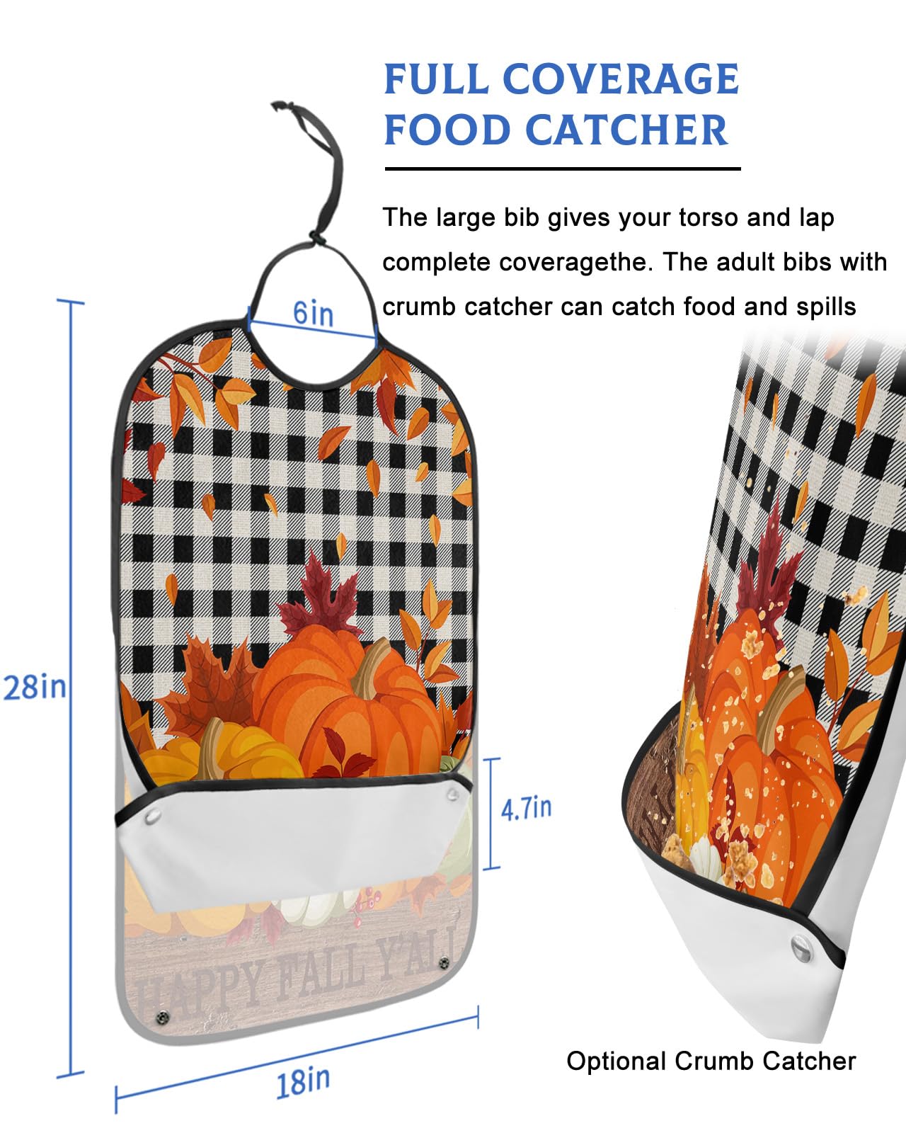 Pumpkins Fall Adult Bib for Eating with Crumb Catcher,Washable & Waterproof Terry Cloth Adjustable Elderly Women Men Bibs Funny Clothing Protector Thanksgiving Farmhouse Black White Buffalo Plaid