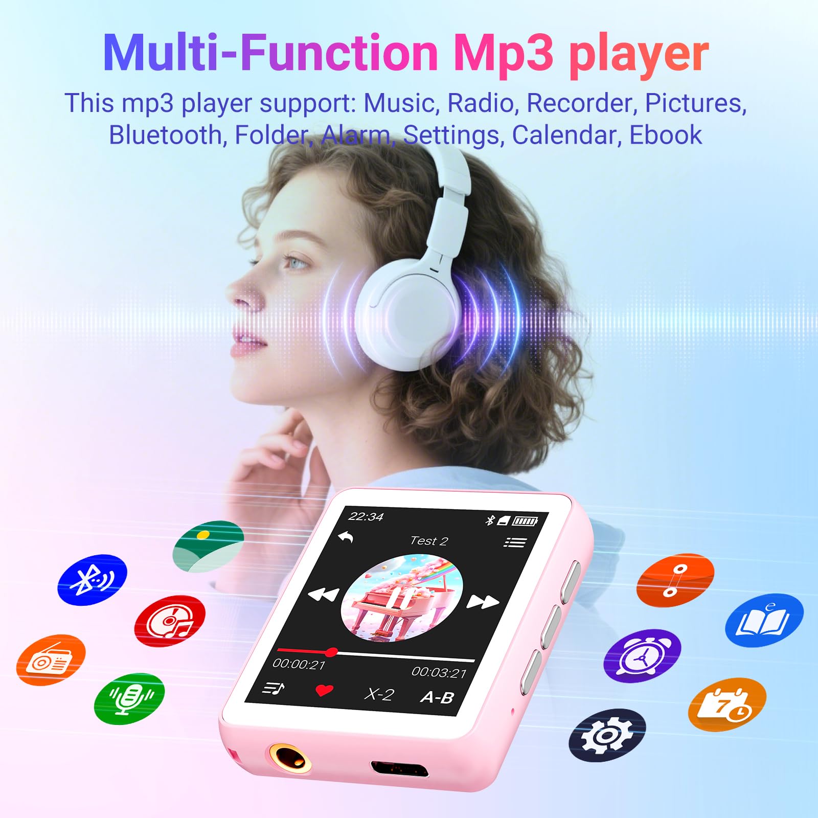 128GB Lettore MP3 con Bluetooth, Oilsky 1,8'' Mini Touchscreen MP3, Altoparlanti Incorporati e Radio FM, Lettore Musicale Perfetto per Bambini e Sport (Rosa)