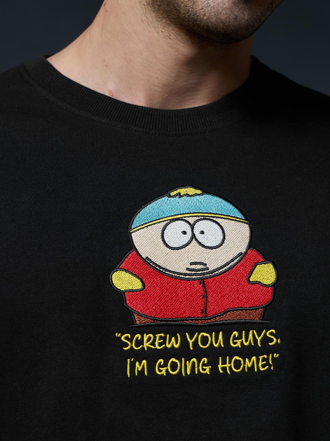The Souled Store South Park: Eric Cartman Men and Boys Short Sleeves Round Neck Black Embroidered Casual Lightweight Drop Shoulder Streetwear Oversized T-Shirt 2