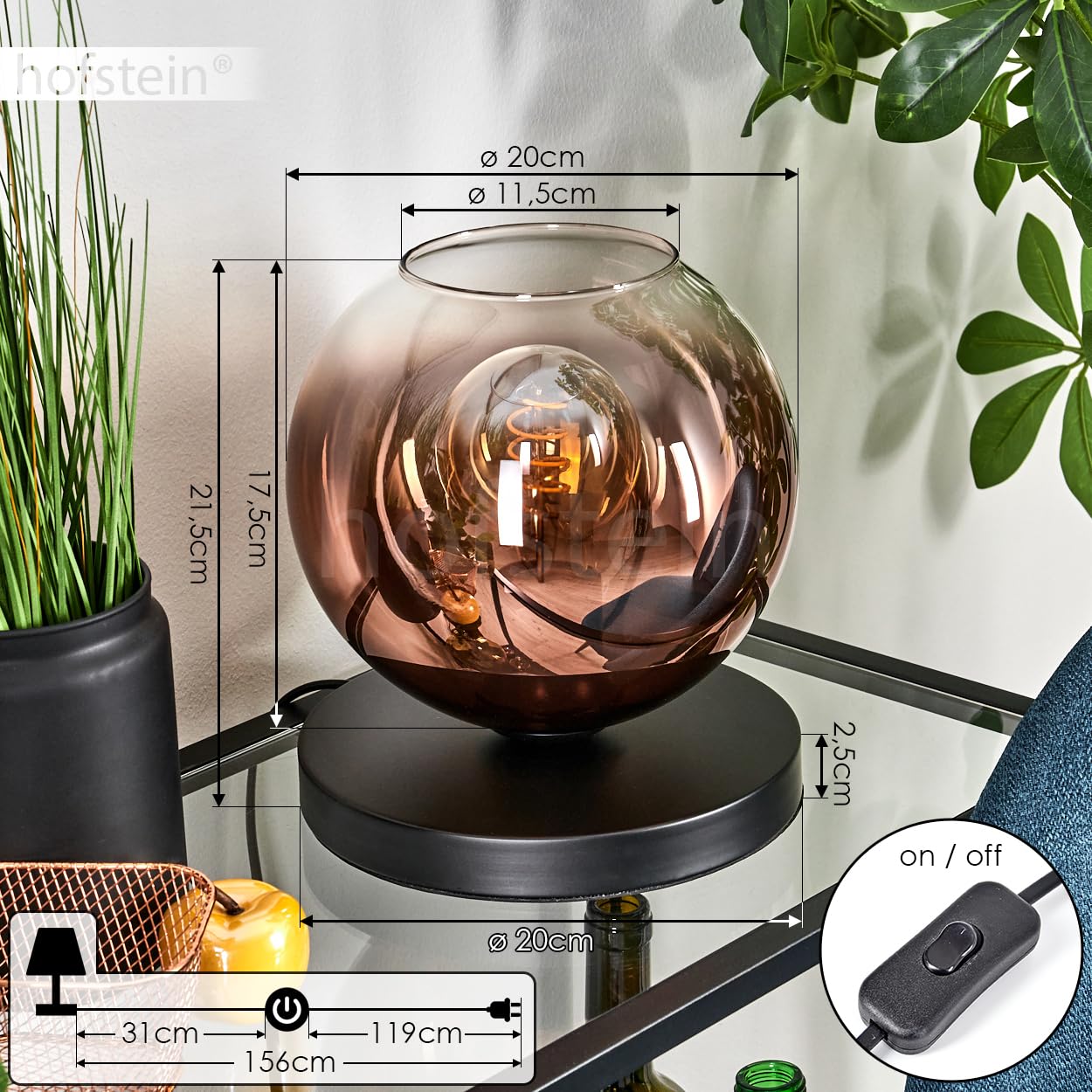 Tischleuchte Apedo, Tischlampe aus Metall/Glas in Schwarz/Kupferfarben/Klar, Leuchte im modernen Retro/Vintage-Design mit Schirm aus Glas (Ø 20cm) u. An/-Auschalter am Kabel, 1x E27, ohne Leuchtmittel