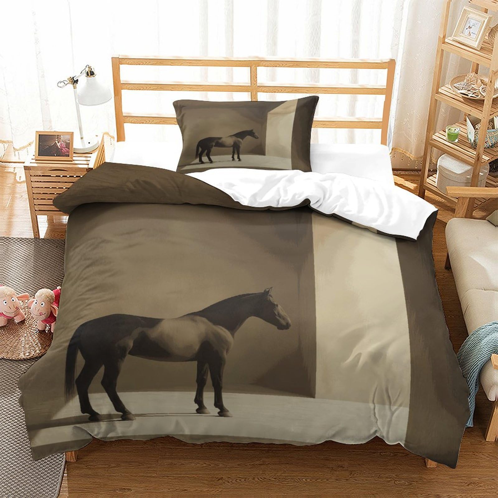 P1S9U7W5Y Nordic Horse Pattern 3D Printed Duvet Cover Set 3 Pieces Microfiber Bedding Set Animal Bedroom Decor Breathable for Adults Teens Single（135x200cm）