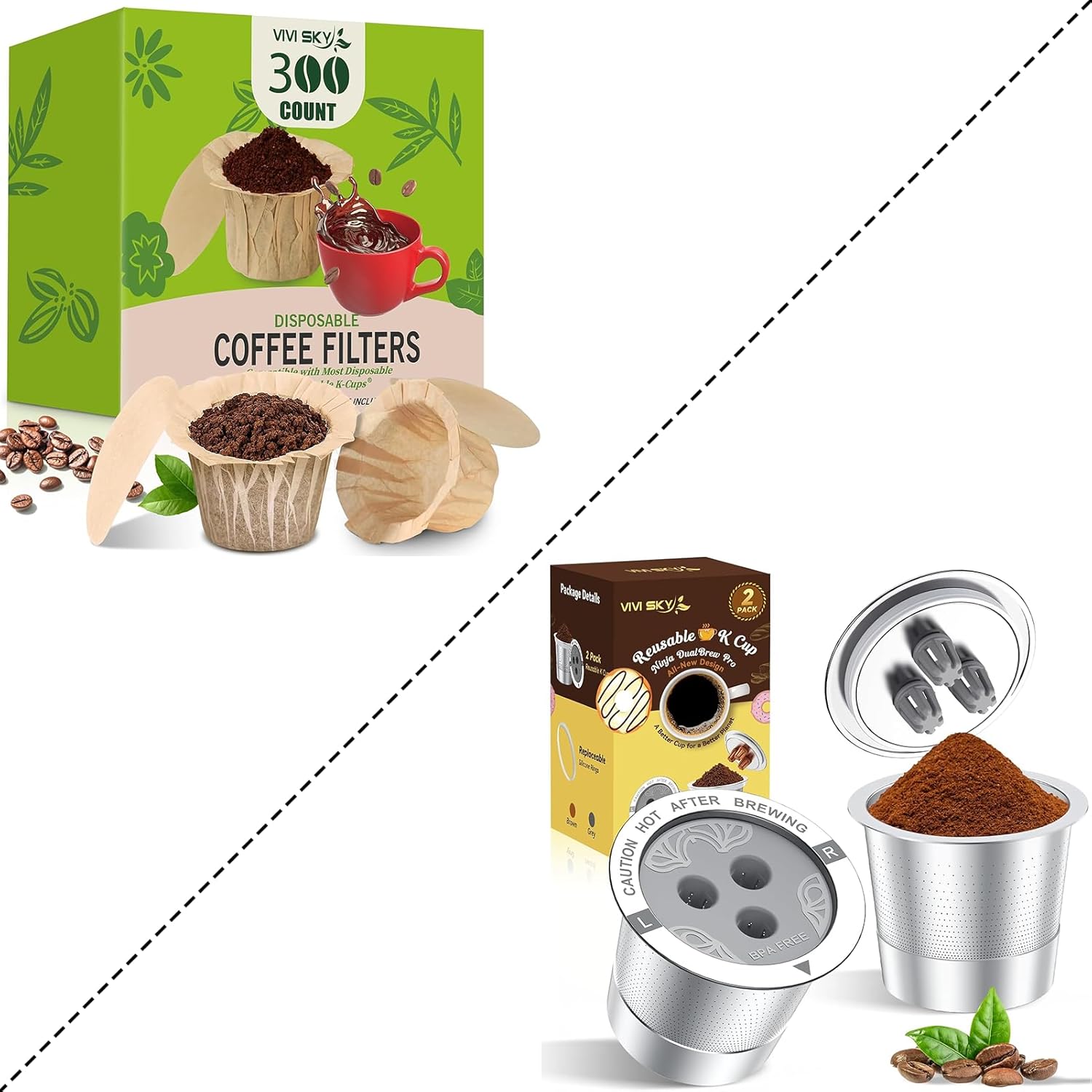 300 Pcs K Cup Paper Filter & 2 Pack Stainless steel K Cup