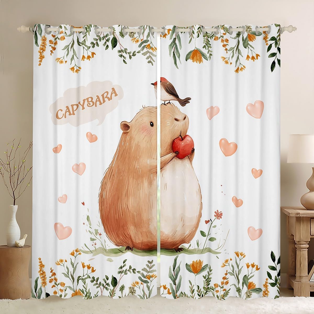 Capybara Birds Window Curtains Cartoon Animal Darkening Blackout Curtains Spring Theme Leaves Window Treatments Geometric Heart Print Grommet Top 2 Panel Set Drapes,38Wx45L