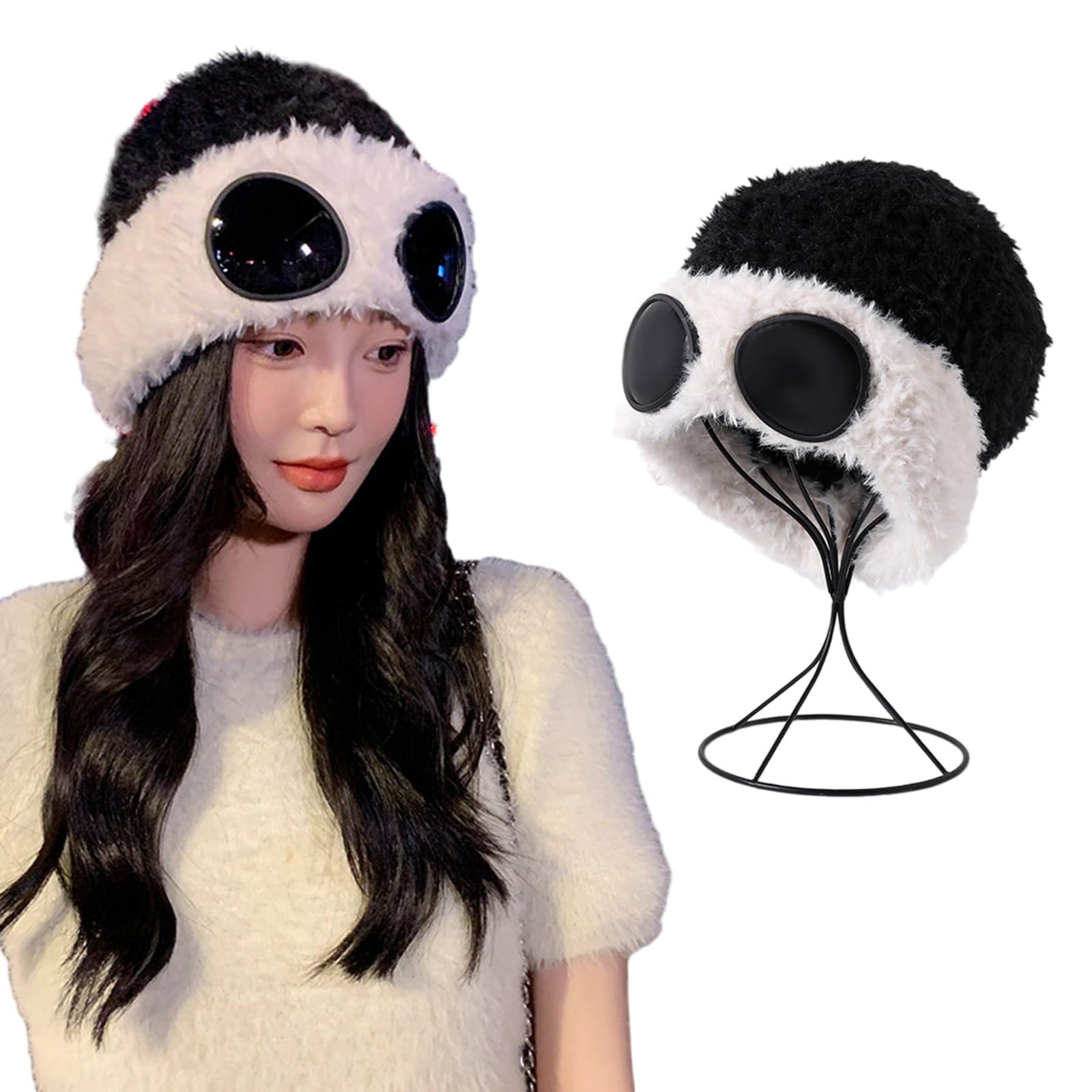 Elastic with Goggles Plush Ear Muff Hat Women Windproof Earflap Hat for Outdoor Activity Skiing Hat White Black