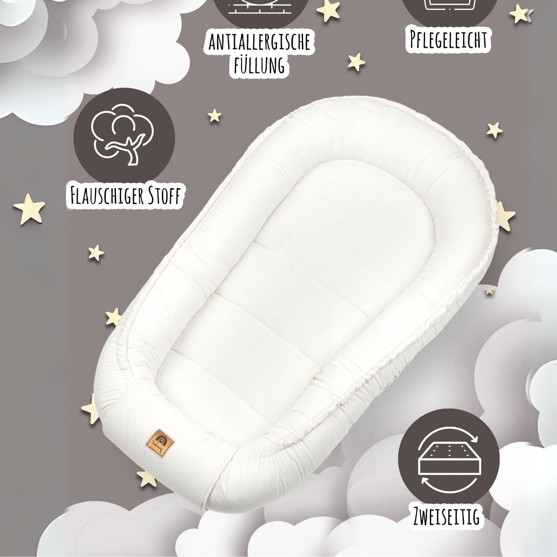 PIMKO Nido per Neonato Riduttore lettino per neonati Culla 60 x 90 cm mussola di cotone, colore: bianco