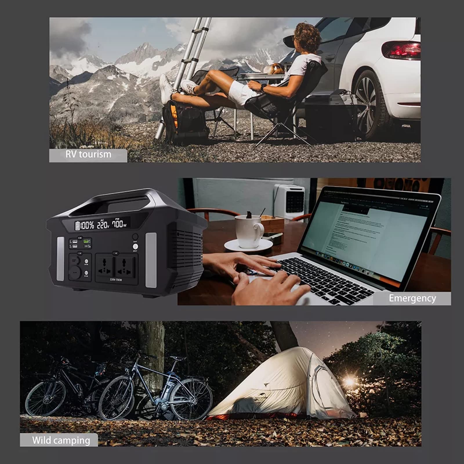 Alimentation d'extérieur, alimentation de secours extérieure de 700 W Alimentation à onde sinusoïdale portable haute puissance pour le camping, le bureau à domicile