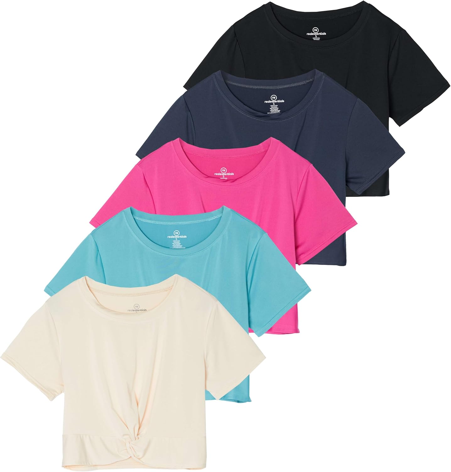 Real Essentials 5 Pack: Women's Short Sleeve Twist Front Crop Top Dry-Fit Athletic Crew Neck T-Shirt