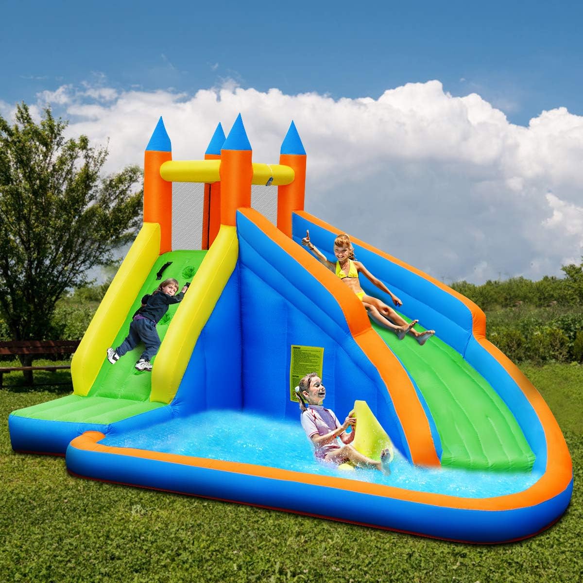 GYMAX Inflatable Bounce House, Jumping Water Slide with Climbing Wall & Splash Pool, Easy Installation Heavy Duty Bouncy House with Carry Bag for Kids/Toddlers Outdoor (Climbing Wall+Slide)