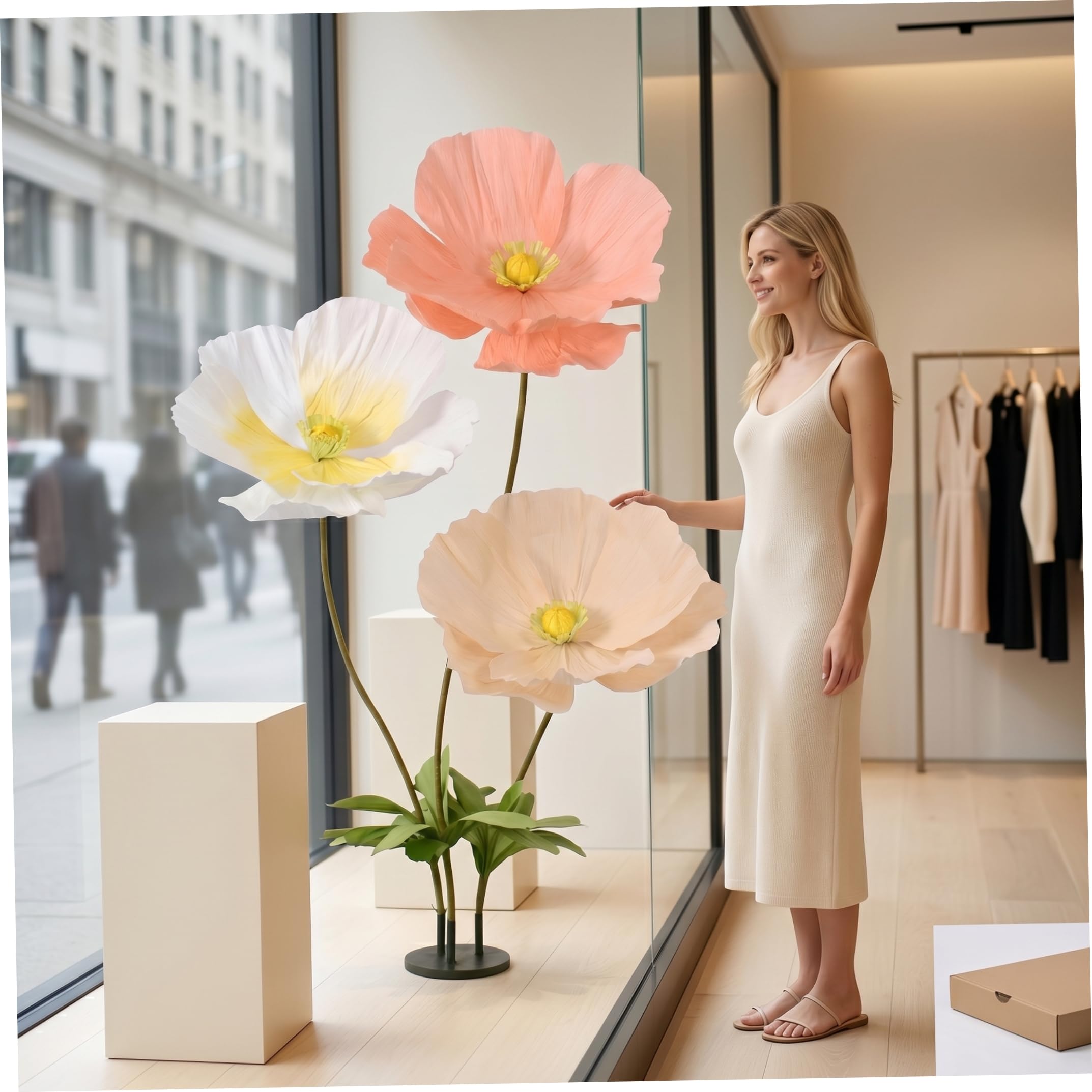 Riesenblumen, Riesenblumen zur Dekoration mit Ständer, künstliche Mohnblumen für Garten, Hotel, Büro, Fotografie-Requisiten, Hochzeit, Kunstgalerie, Schaufensterauslage – 6 Fuß/170 cm