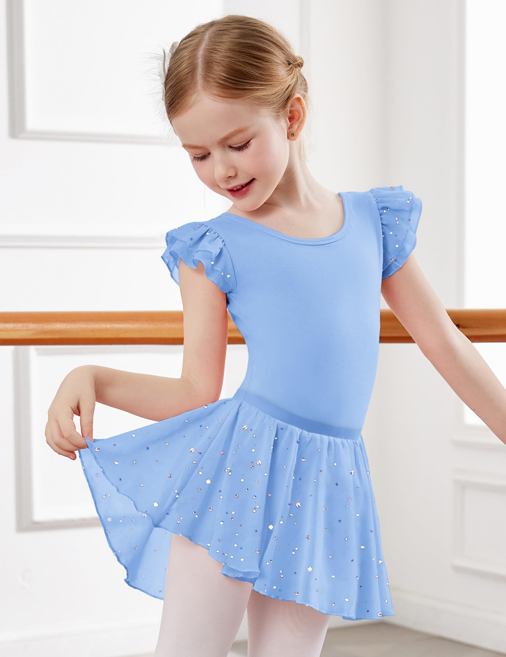 Arshiner Ragazze Balletto Abbigliamento 2-9 Anni Manica Corta Vestito Balletto Body Danza Cotone Senza Schienale Bambini Glitter Tuta Due Pezzi Body Danza con Gonna Tutu