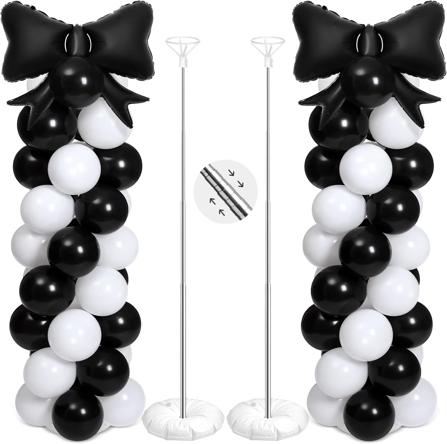 2 Sets Black White Bow Balloon Column Stand Kit Includes 2 Bows & 100 Latex Balloons Adjustable Stands for Princess Birthday Wedding Coquette Baby Shower Party Decoration