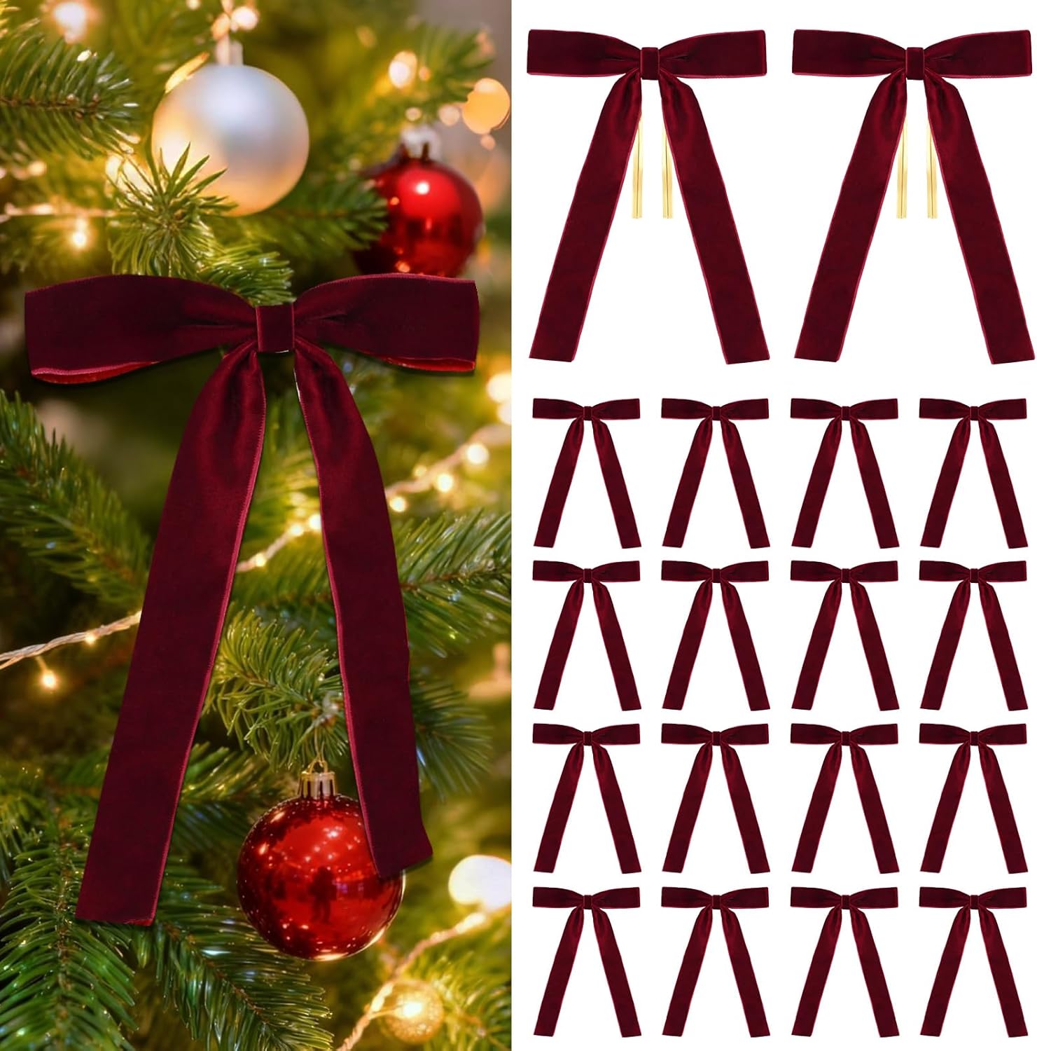 18 Pcs Burgundy Velvet Bows for Christmas Tree – Burgundy Velvet Christmas Tree Bows, Holiday Decorations for Garland Wreath Bow (5 * 7", 1" Wide)