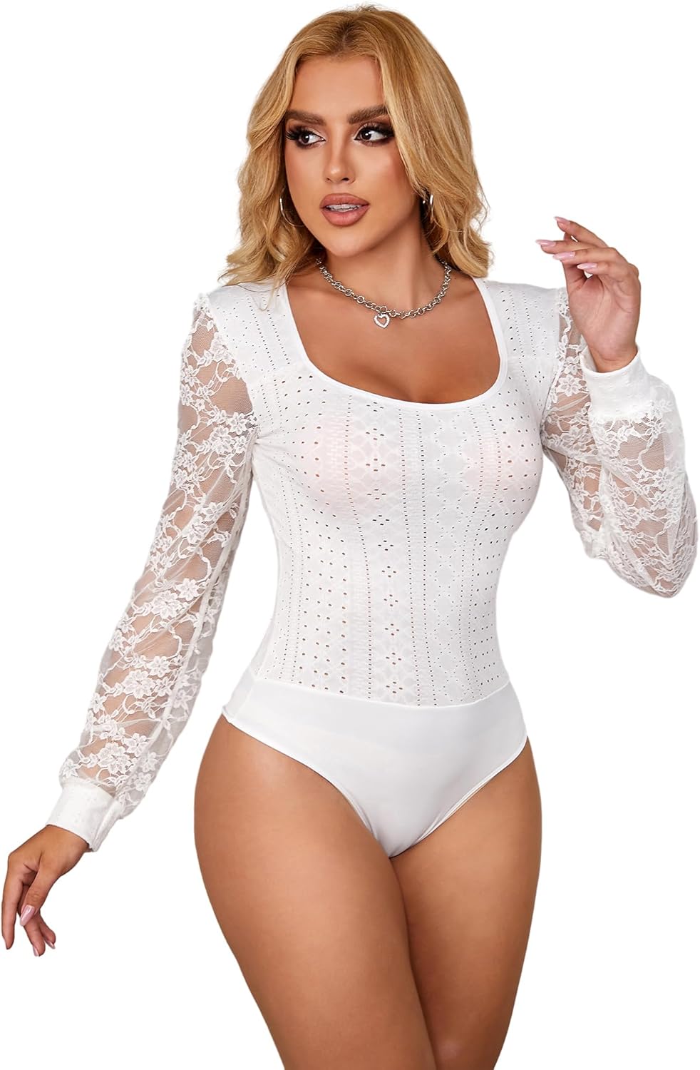 Women's Plus Size Bodysuits Long Sleeve Square Neck Bodysuit Lace Floral Top Breathable Sheer Leotard S-2XL