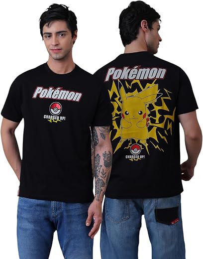 Free Authority Official Pokemon: Pikachu Graphic Printed Cotton Black Relaxed Fit Tshirt Men